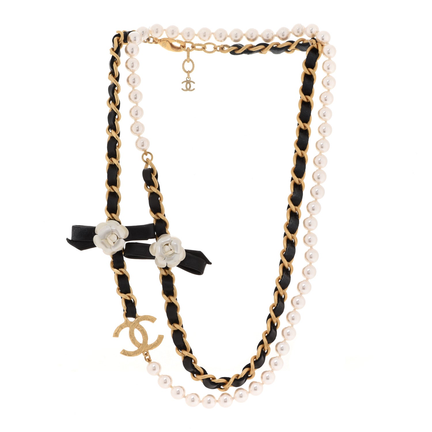 Chanel Pearl Lambskin CC Camellia Multi Strand Necklace Necklace Black Gold 3 of 7