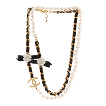 Chanel Pearl Lambskin CC Camellia Multi Strand Necklace Necklace Black Gold 3 of 7