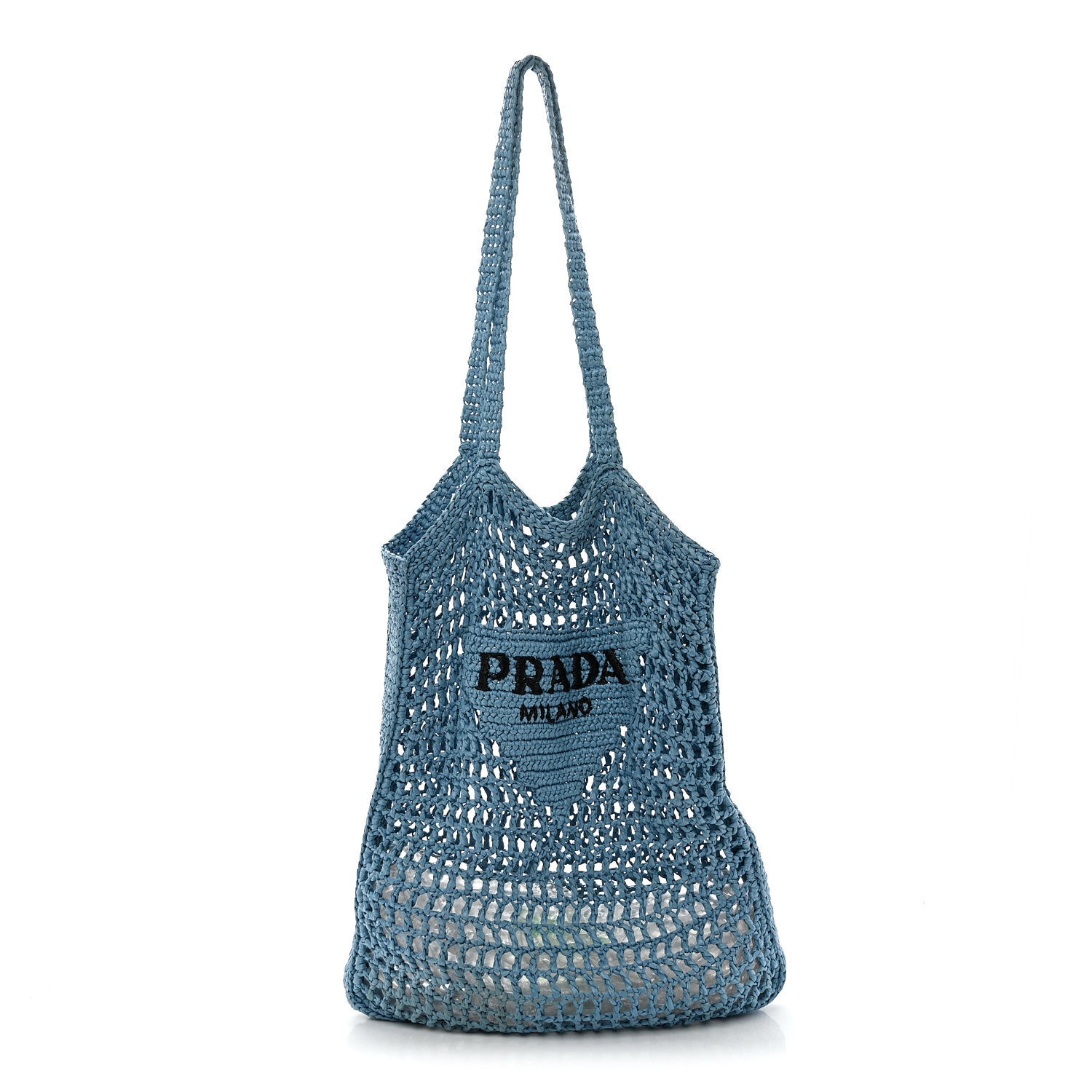 Prada Yarn Raffia Effect Crochet Logo Embroidered Tote Bag Celeste 1 of 10