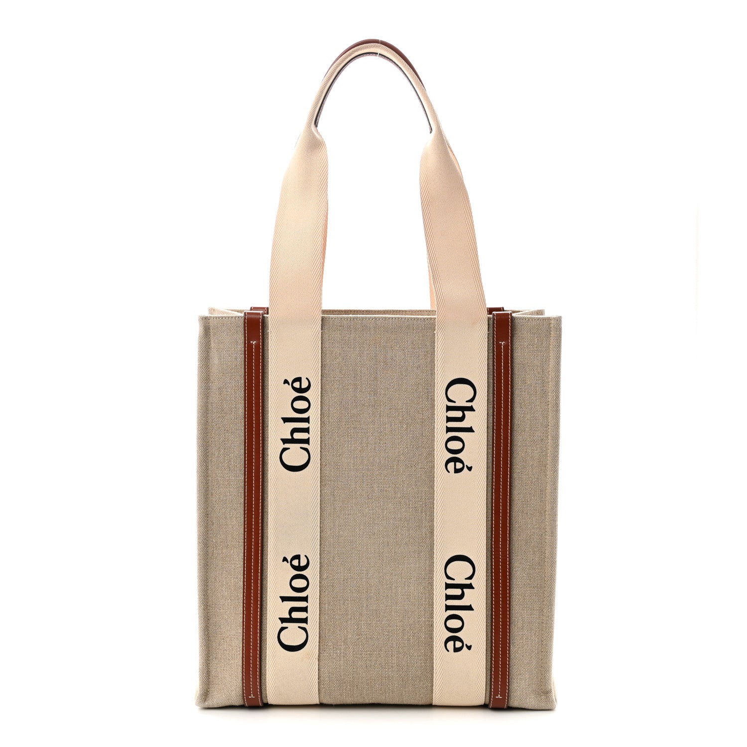 Chloe Cotton Calfskin Large Vertical Woody Ribbon Tote White Brown 1 of 10