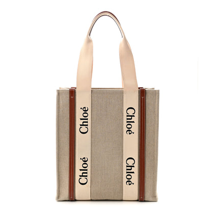 Chloe Cotton Calfskin Large Vertical Woody Ribbon Tote White Brown 1 of 10
