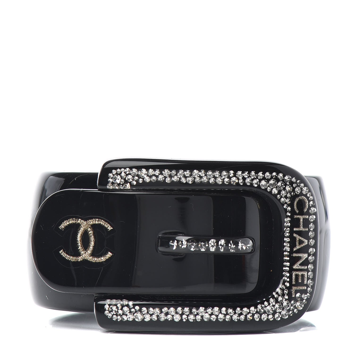 Chanel Resin Crystal CC Buckle Cuff Bracelet Black 1 of 5