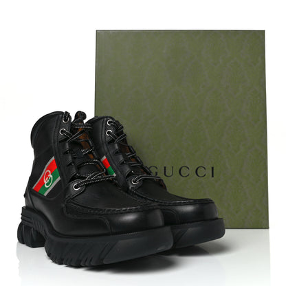 Gucci Quebec Calfskin Web Mens Interlocking G Lace Up Combat Boots 10 Black Mystic White Green Red 8 of 8
