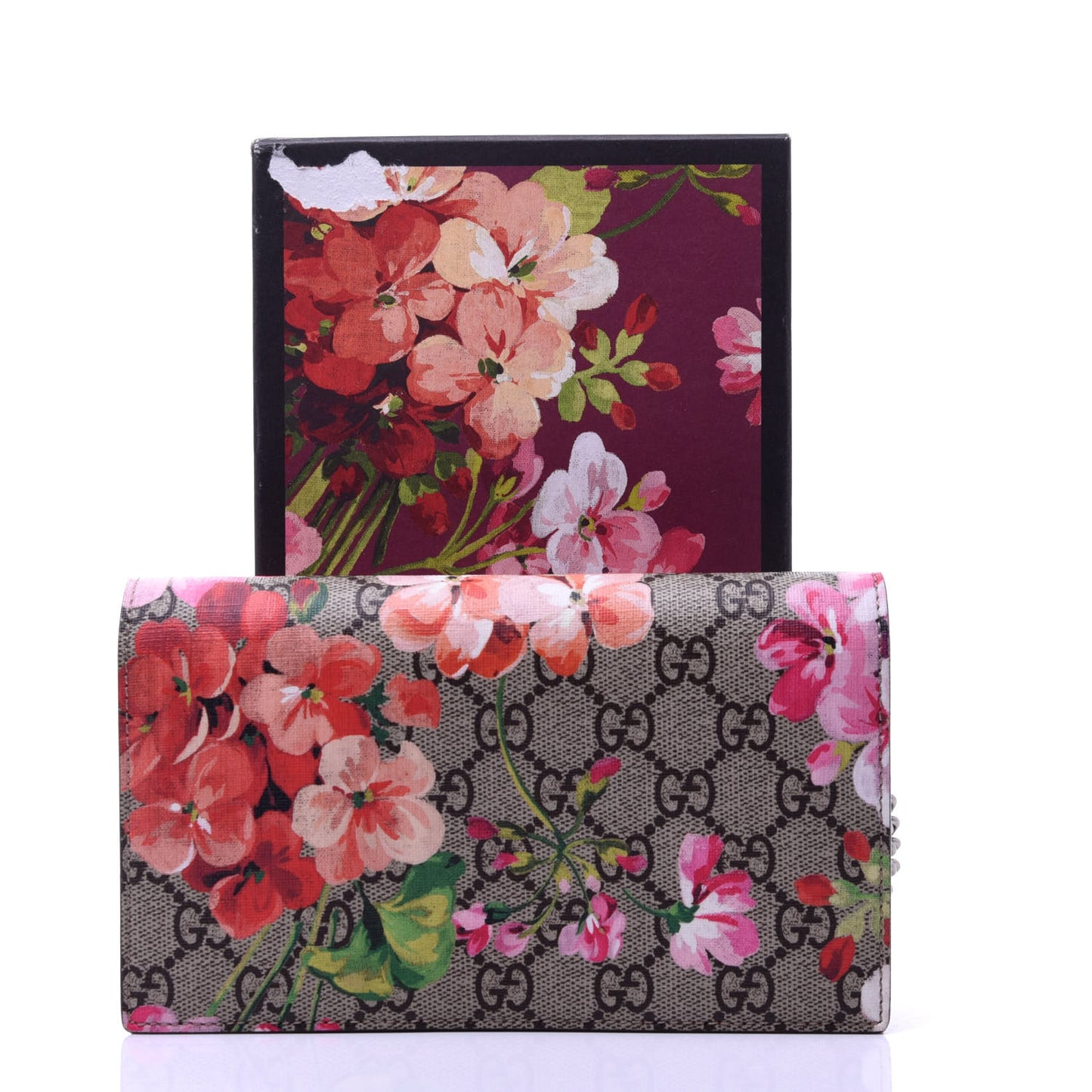 GG Supreme Monogram Blooms Chain Wallet Beige Multicolor Dry Rose