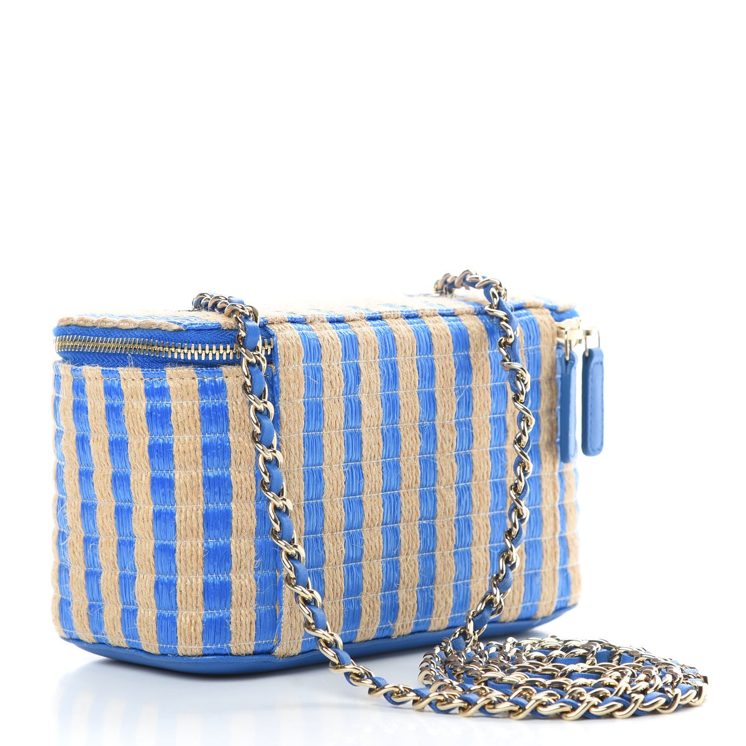 Chanel Raffia Jute Striped Small Vanity Case With Chain Blue Beige 3 of 11