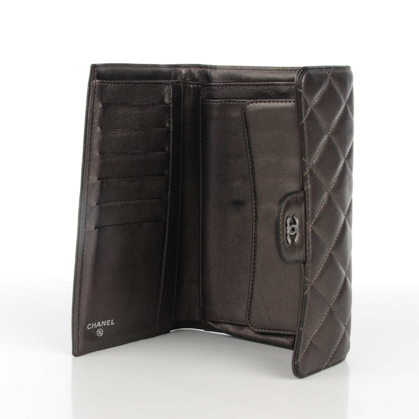 Metallic Lambskin Quilted Large Flap Wallet Bronze
