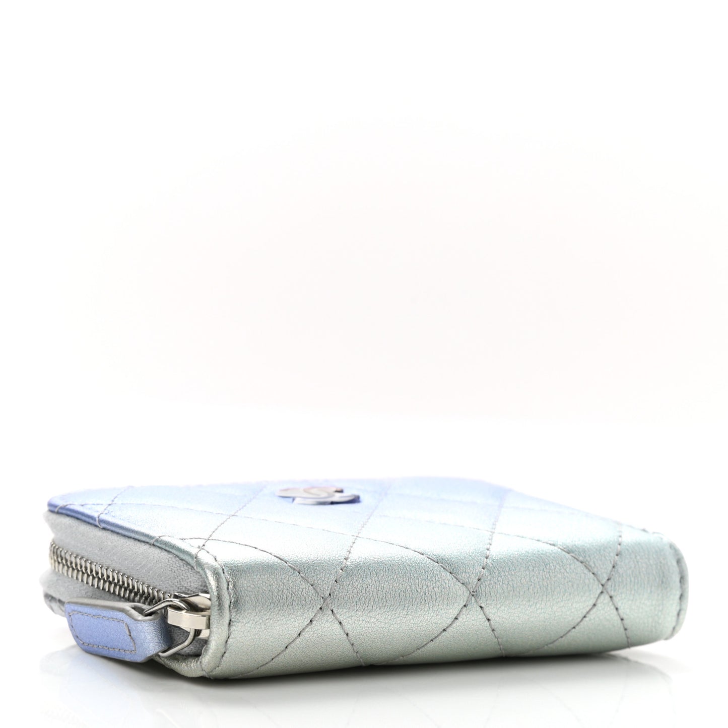 Gradient Metallic Calfskin Quilted Zip Around Coin Purse Wallet Silver Blue Yellow Purple
