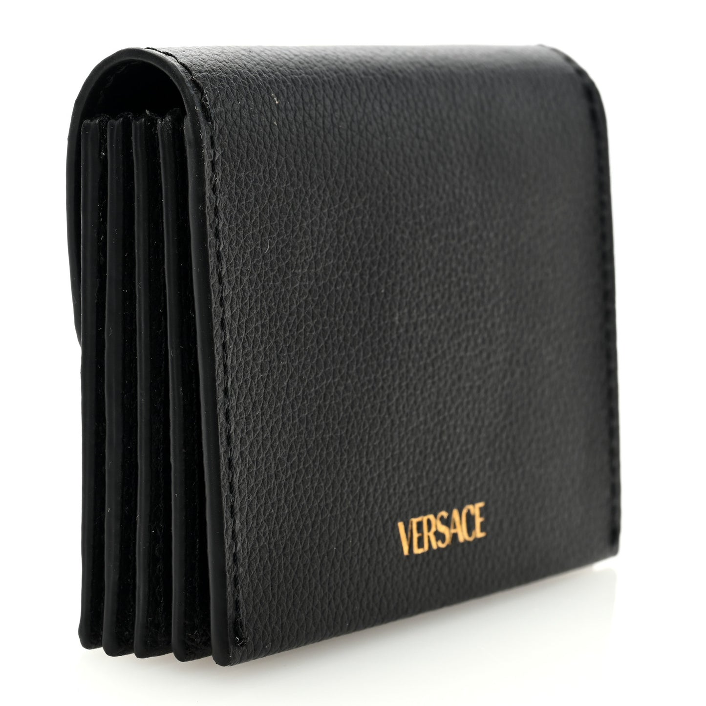 Grained Calfskin Medusa Gusset Holder Wallet Black