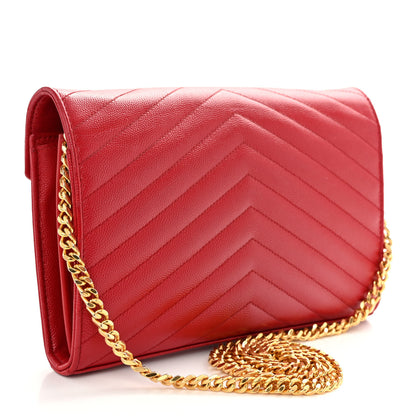 Saint Laurent Grain De Poudre Matelasse Chevron Monogram Chain Wallet New Red 3 of 9