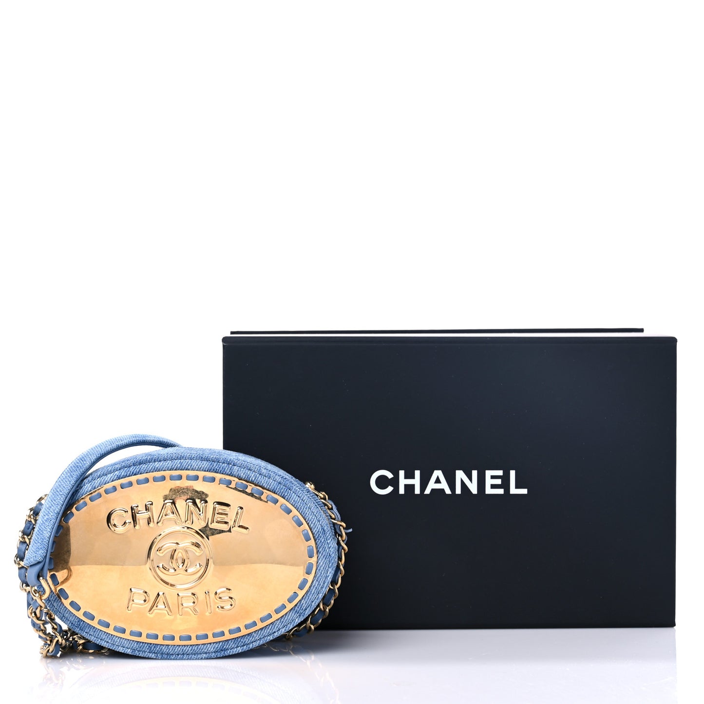 Denim Printed Chain Clutch Dark Blue
