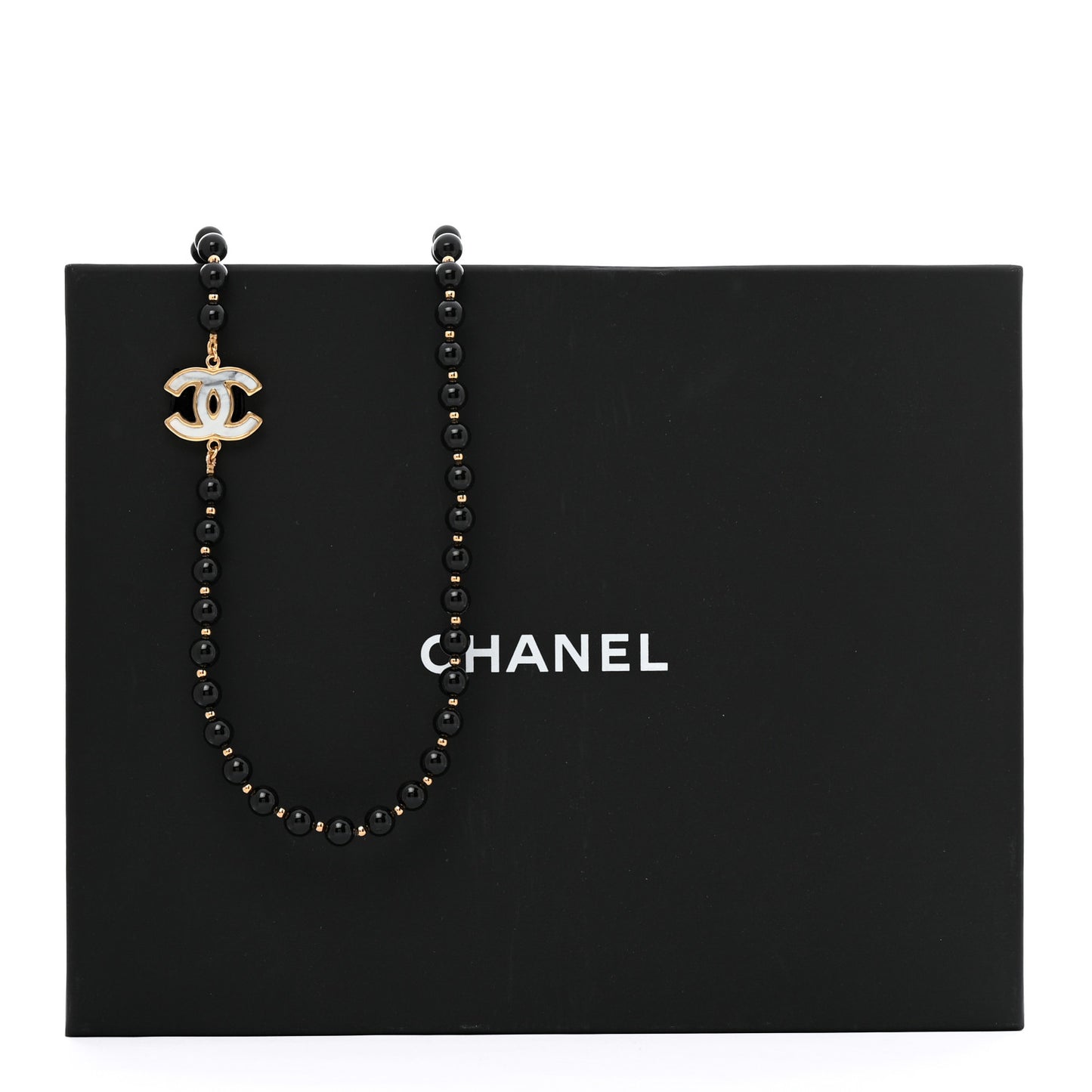 Marble Beaded CC Long Necklace Black Gold White
