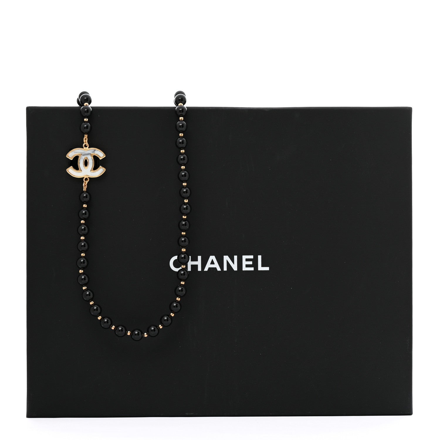 Chanel Marble Beaded CC Long Necklace Black Gold White 6 of 6