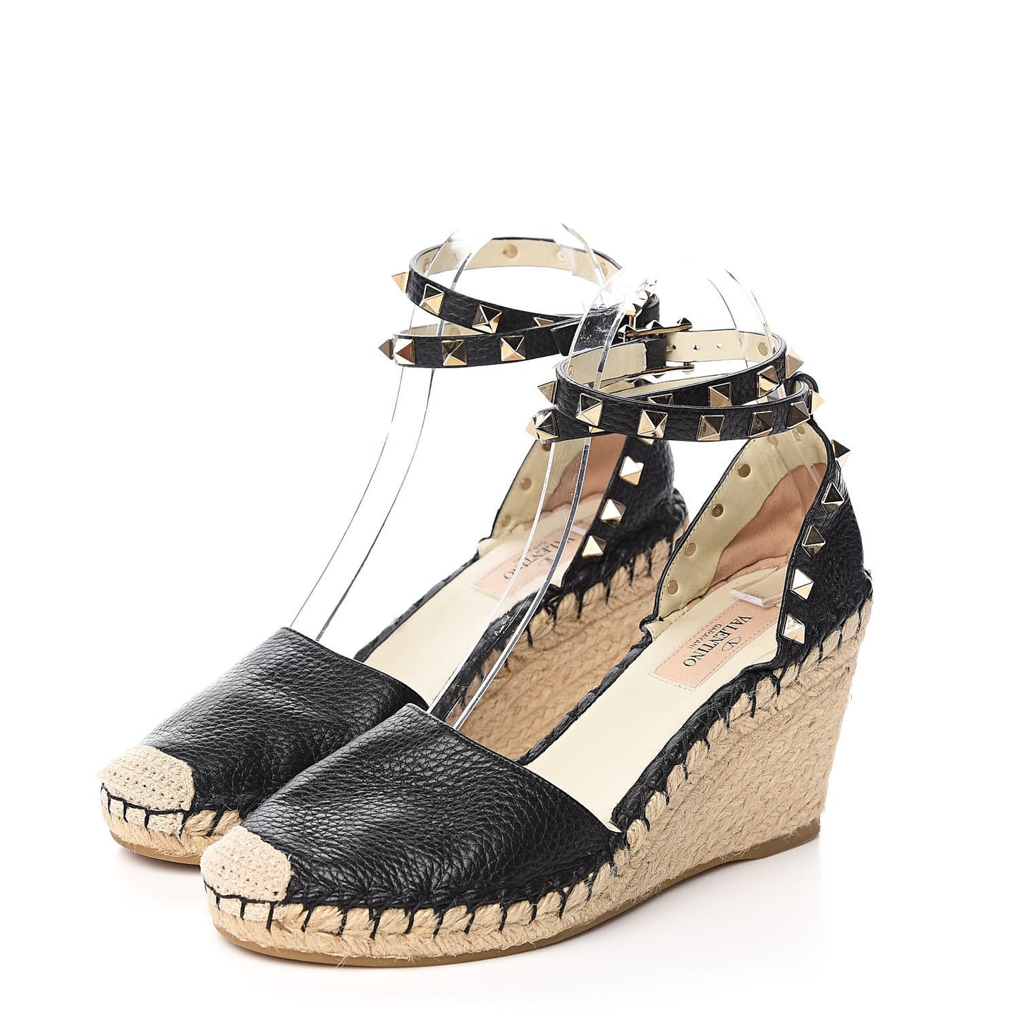 Grained Calfskin Rockstud Ankle Wrap Espadrille 15/85mm Wedges 36 Black Light Ivory