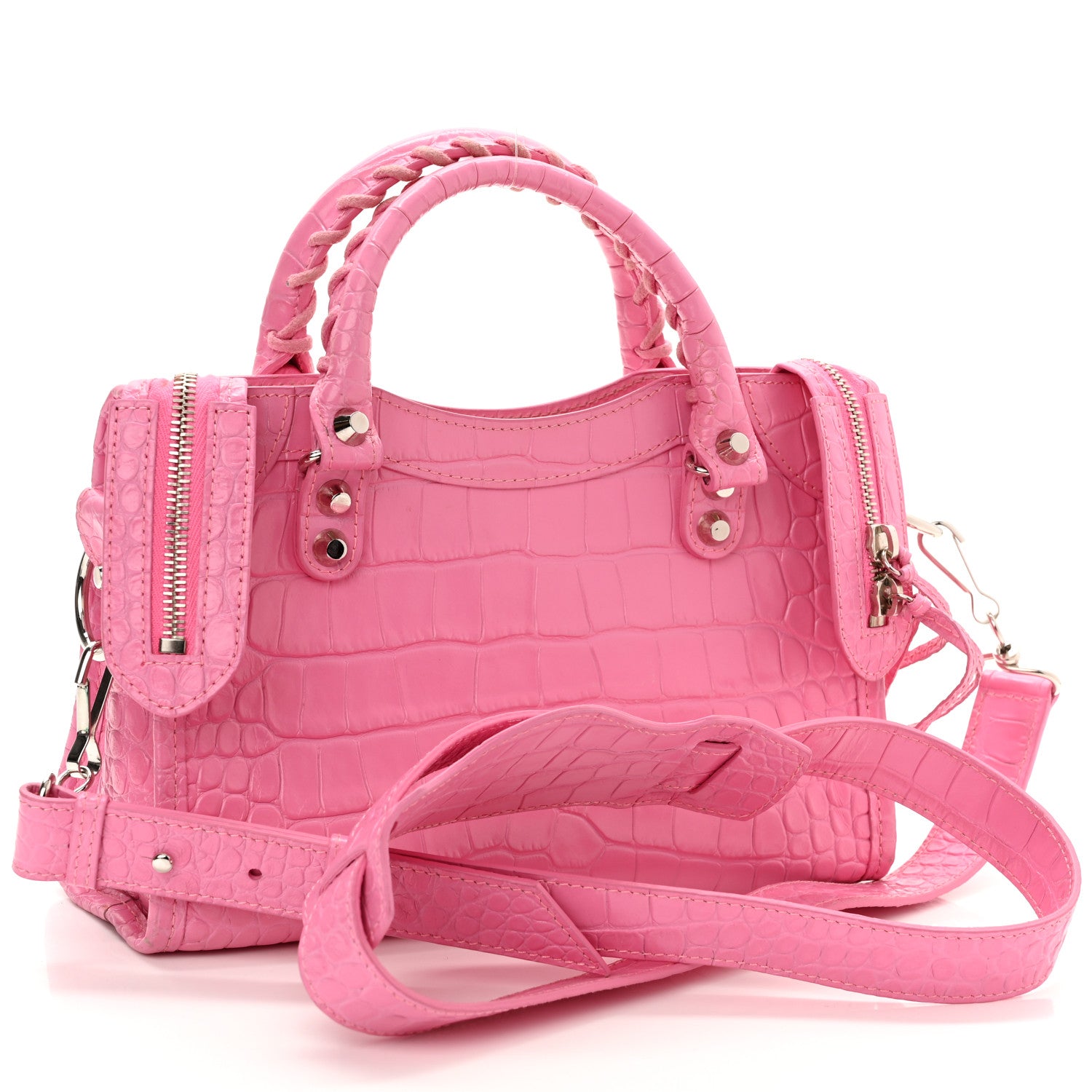 Balenciaga Shiny Supple Calfskin Crocodile Embossed Classic Silver Hardware Mini City Baby Pink 3 of 10
