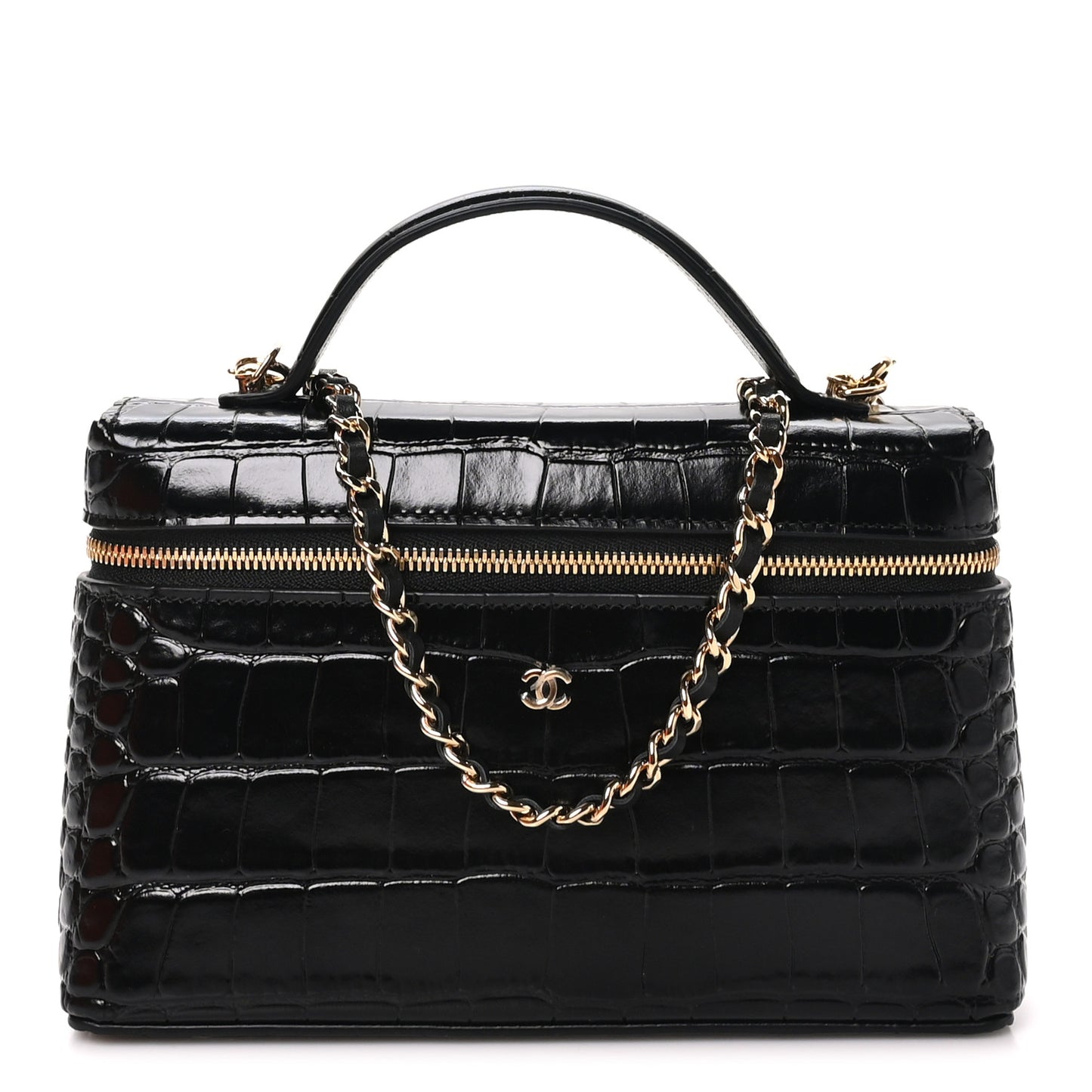 Calfskin Crocodile Embossed Crococo Exoticoco Vanity With Chain Black
