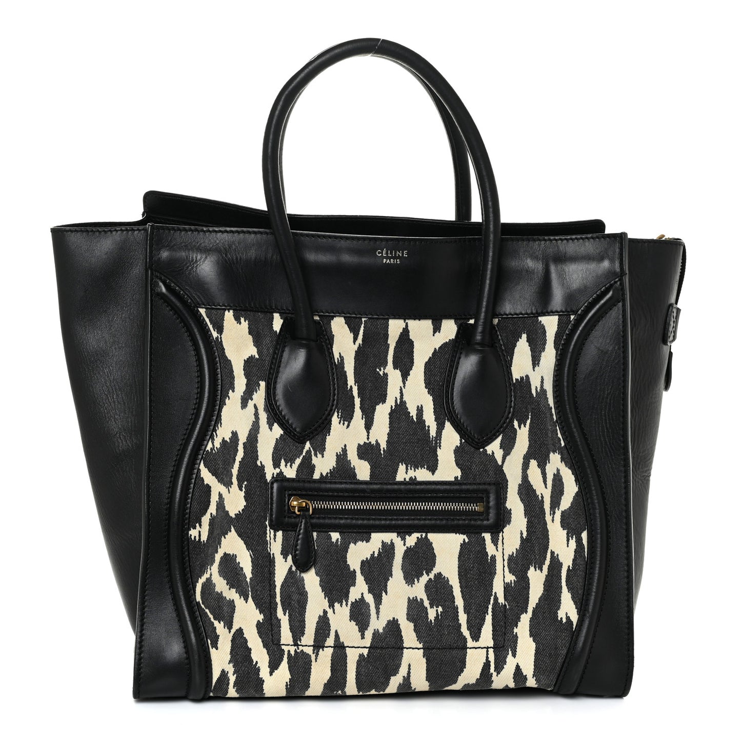 Linen Smooth Calfskin Leopard Print Medium Luggage Black
