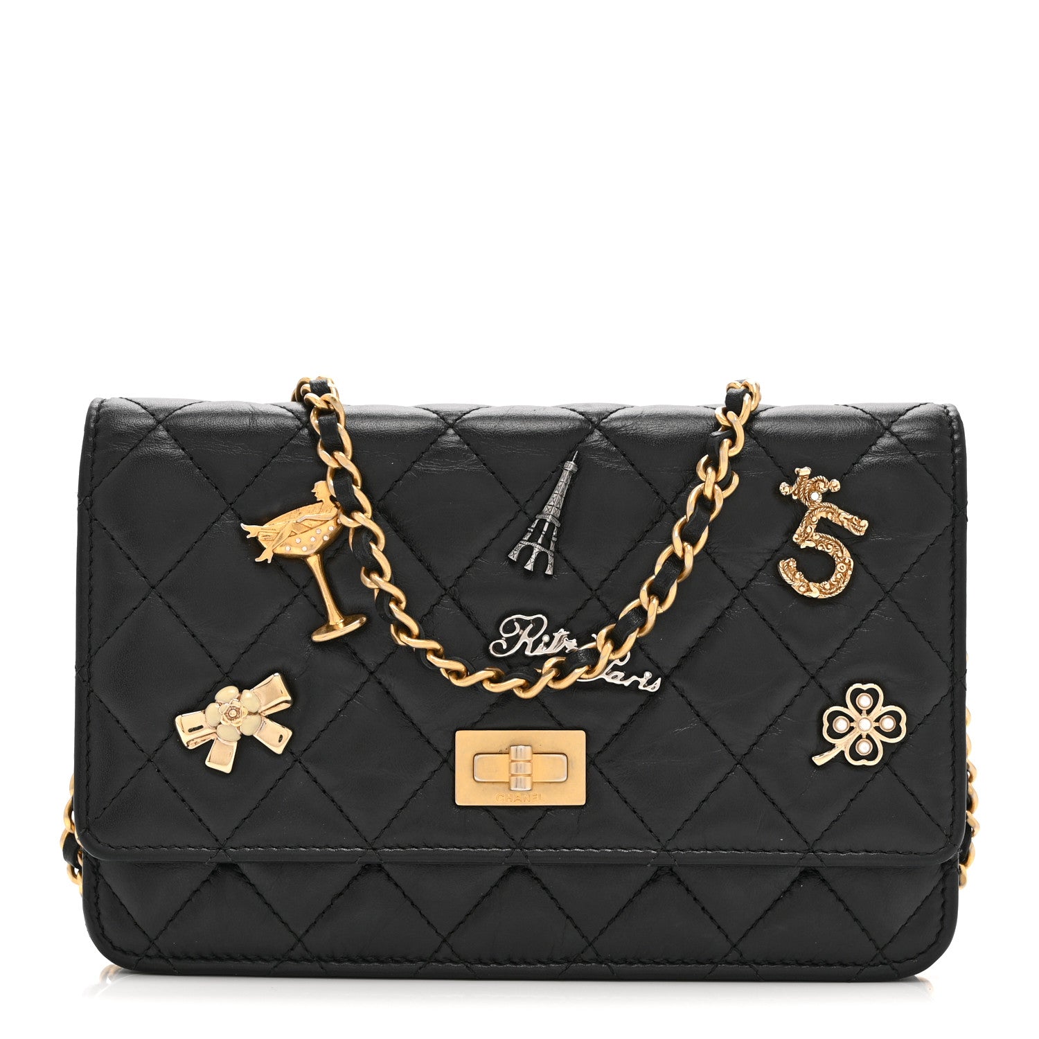 Chanel Aged Calfskin Quilted Lucky Charms 2.55 Reissue Wallet On Chain WOC Black 1 of 11