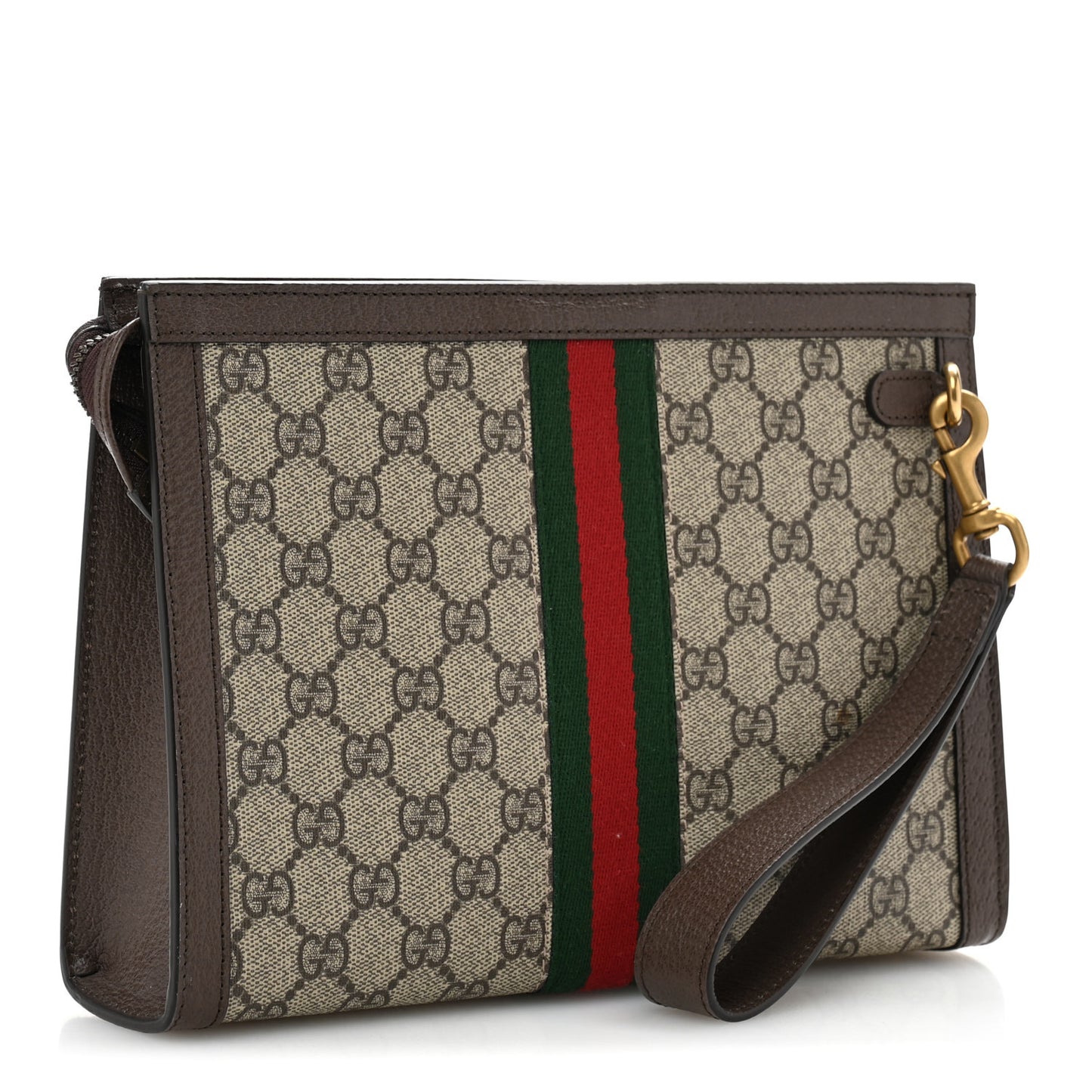 GG Supreme Monogram Textured Dollar Calfskin Web Small Ophidia Wristlet Pouch Beige Ebony New Acero