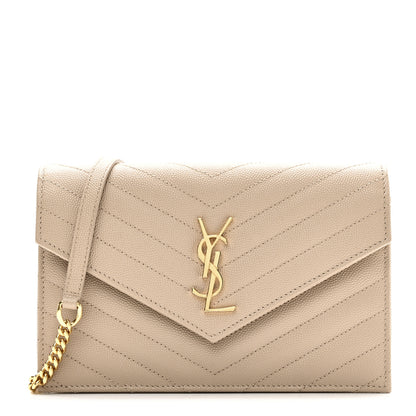 Saint Laurent Grain De Poudre Matelasse Chevron Monogram Envelope Chain Wallet Dark Beige 1 of 9