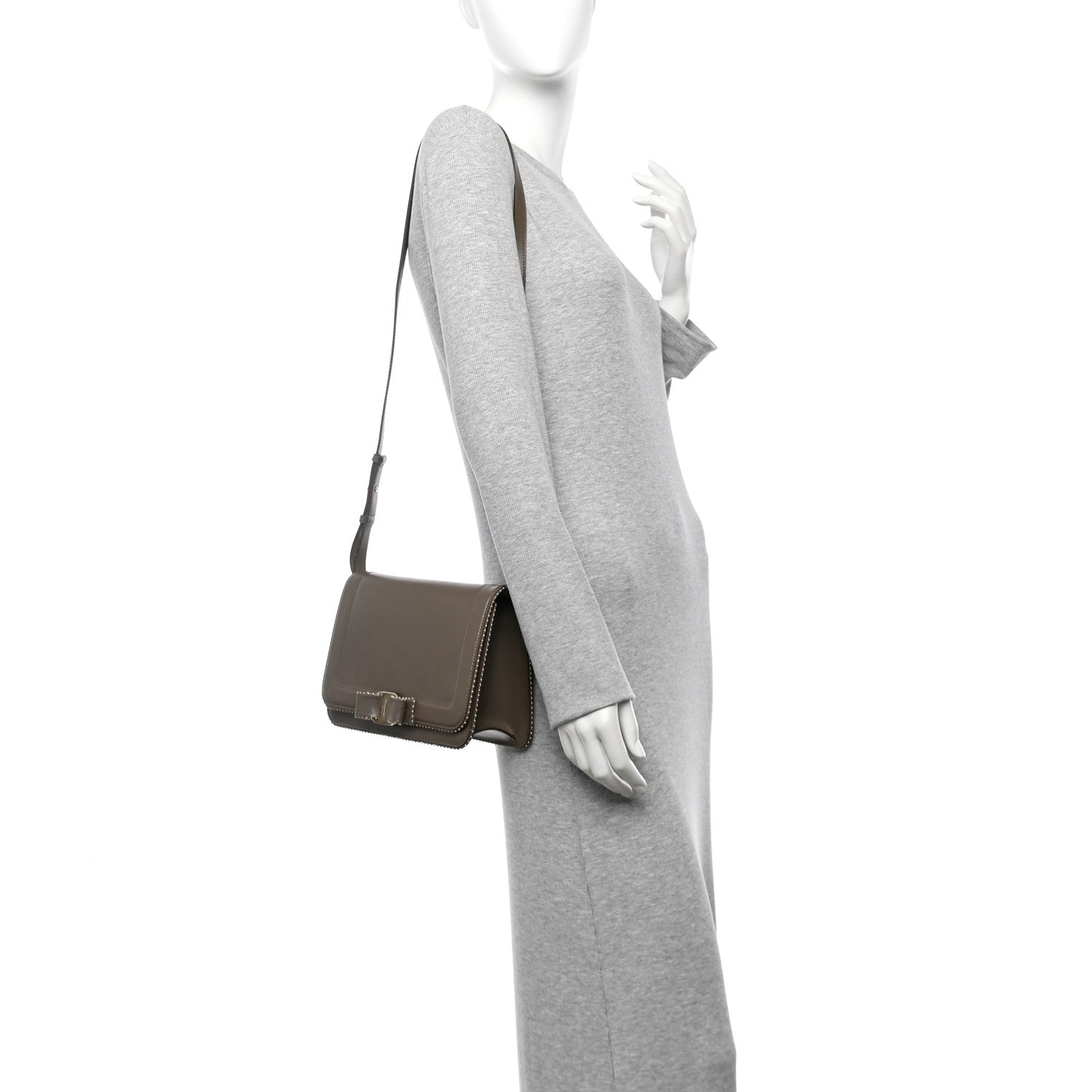 Salvatore Ferragamo Calfskin Studded Vara Bow Bag Taupe 2 of 10