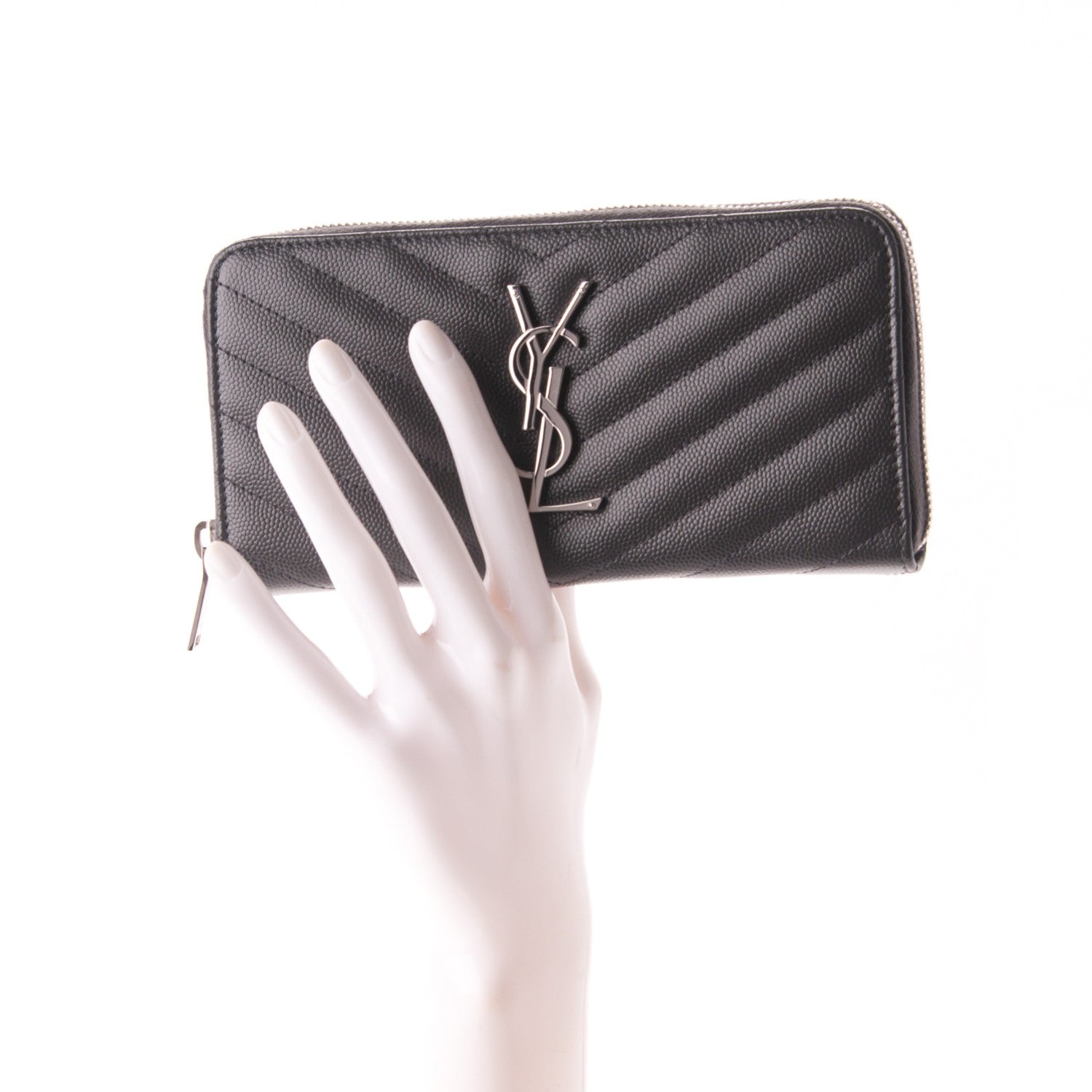 Saint Laurent Grain De Poudre Matelasse Chevron Monogram Zip Around Wallet Dark Anthracite 2 of 6