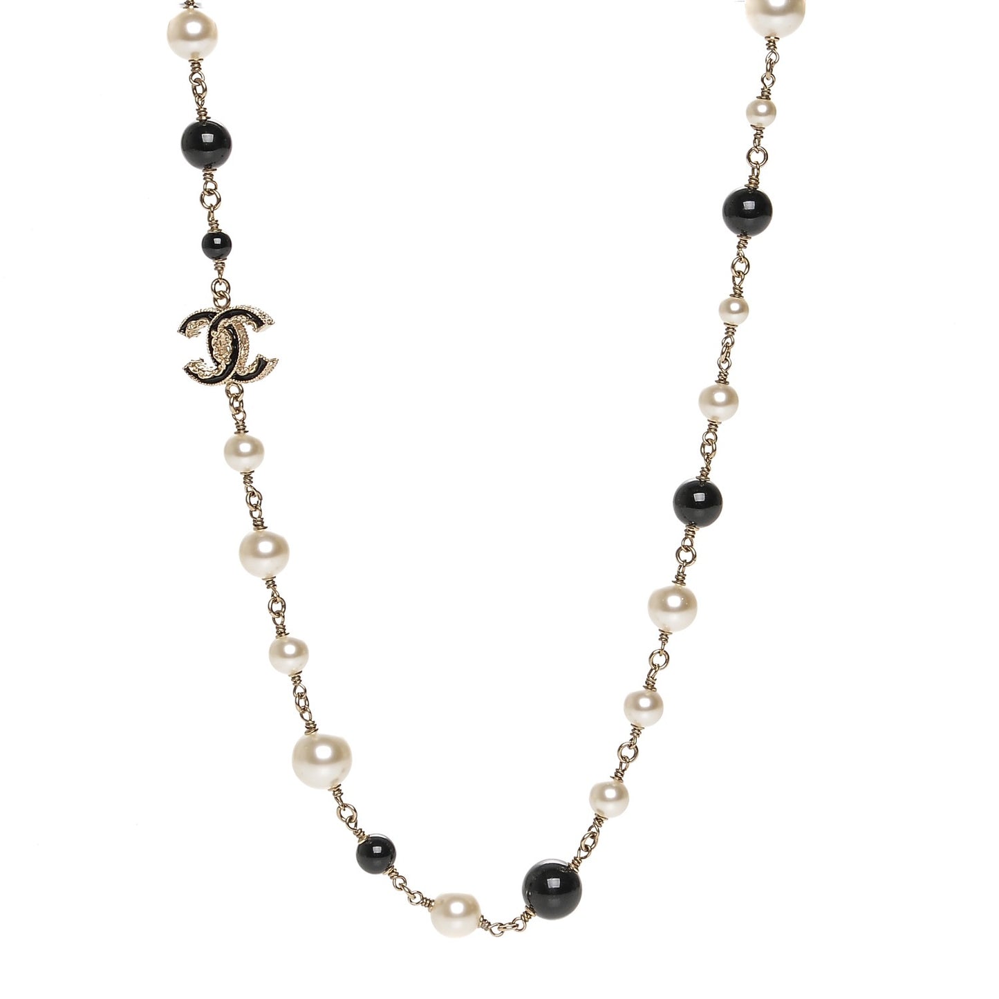 Pearl Bead Enamel CC Long Necklace Black Gold