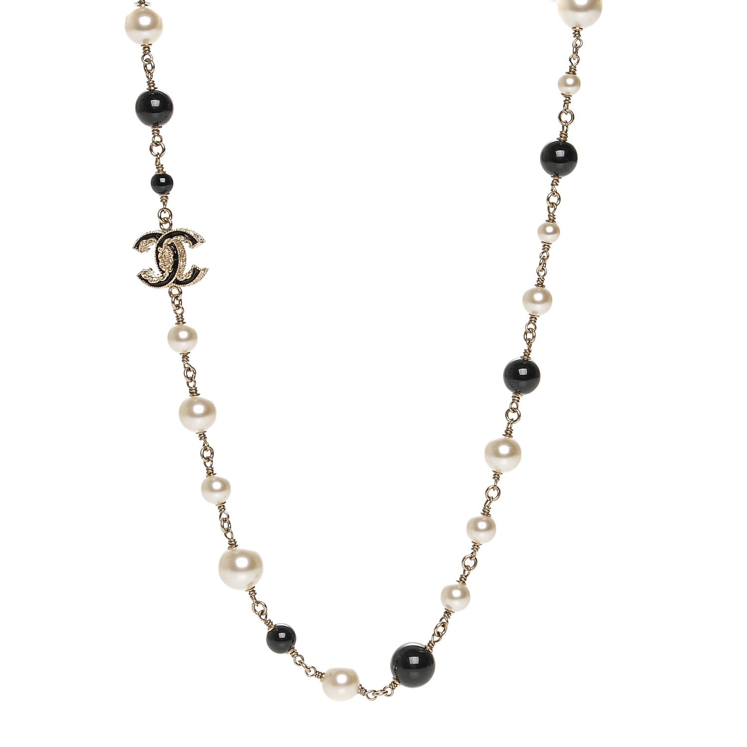 Chanel Pearl Bead Enamel CC Long Necklace Black Gold 1 of 6