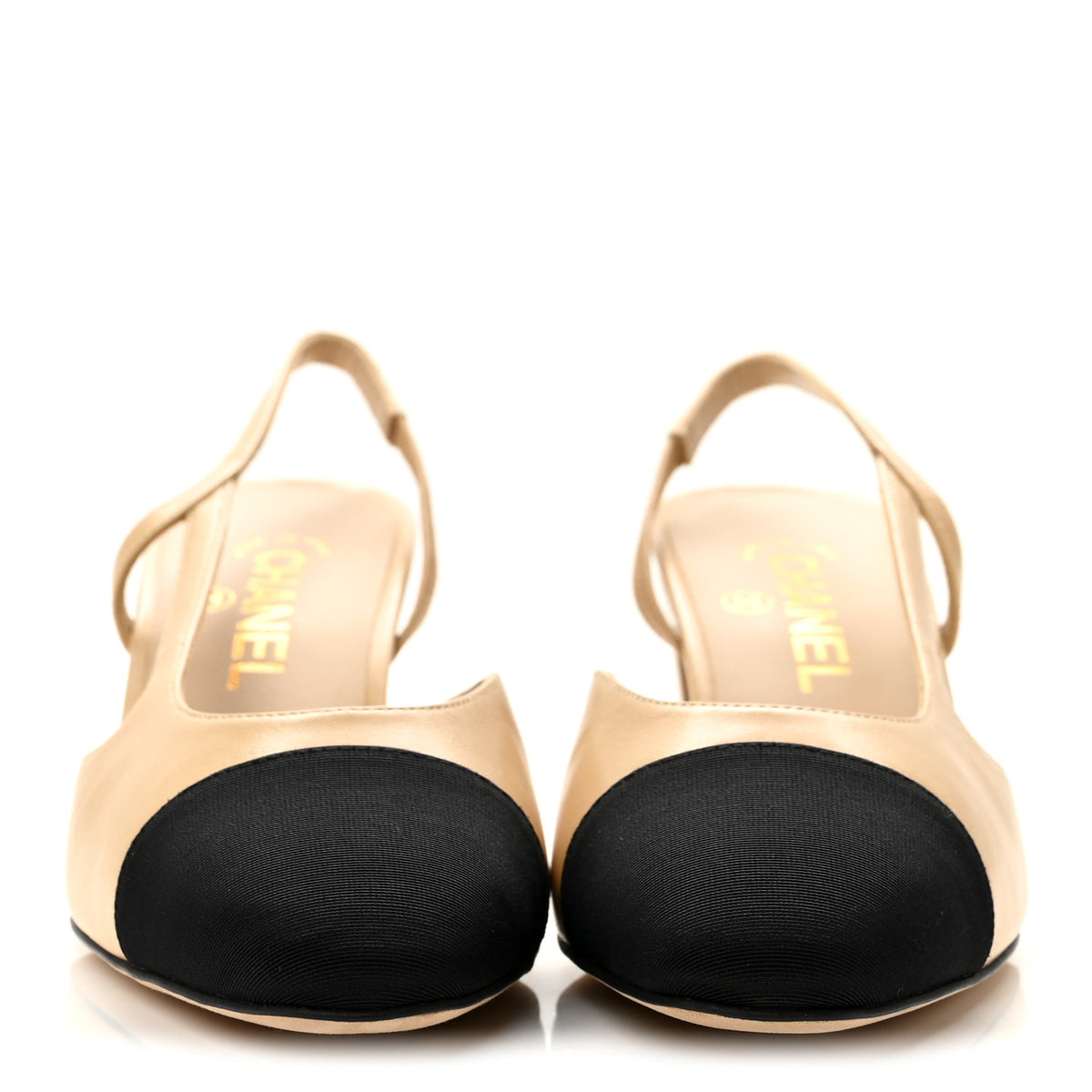 Goatskin Grosgrain Cap Toe CC Slingback Pumps 38 Beige Black