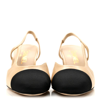 Chanel Goatskin Grosgrain Cap Toe CC Slingback Pumps 38 Beige Black 3 of 10
