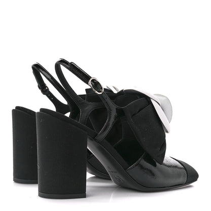 Chanel Crumpled Shiny Fabric Grosgrain Cap Toe Camellia Bow Slingback Pumps 37 Black 4 of 9