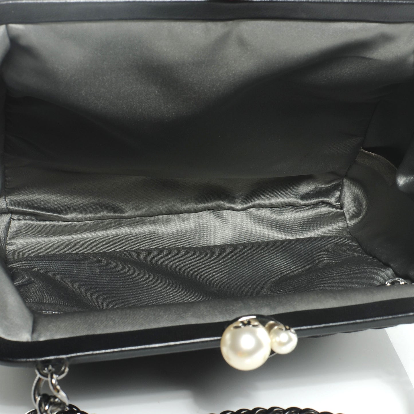 Satin Vertical Pleats Chain Fringe Evening Bag Black