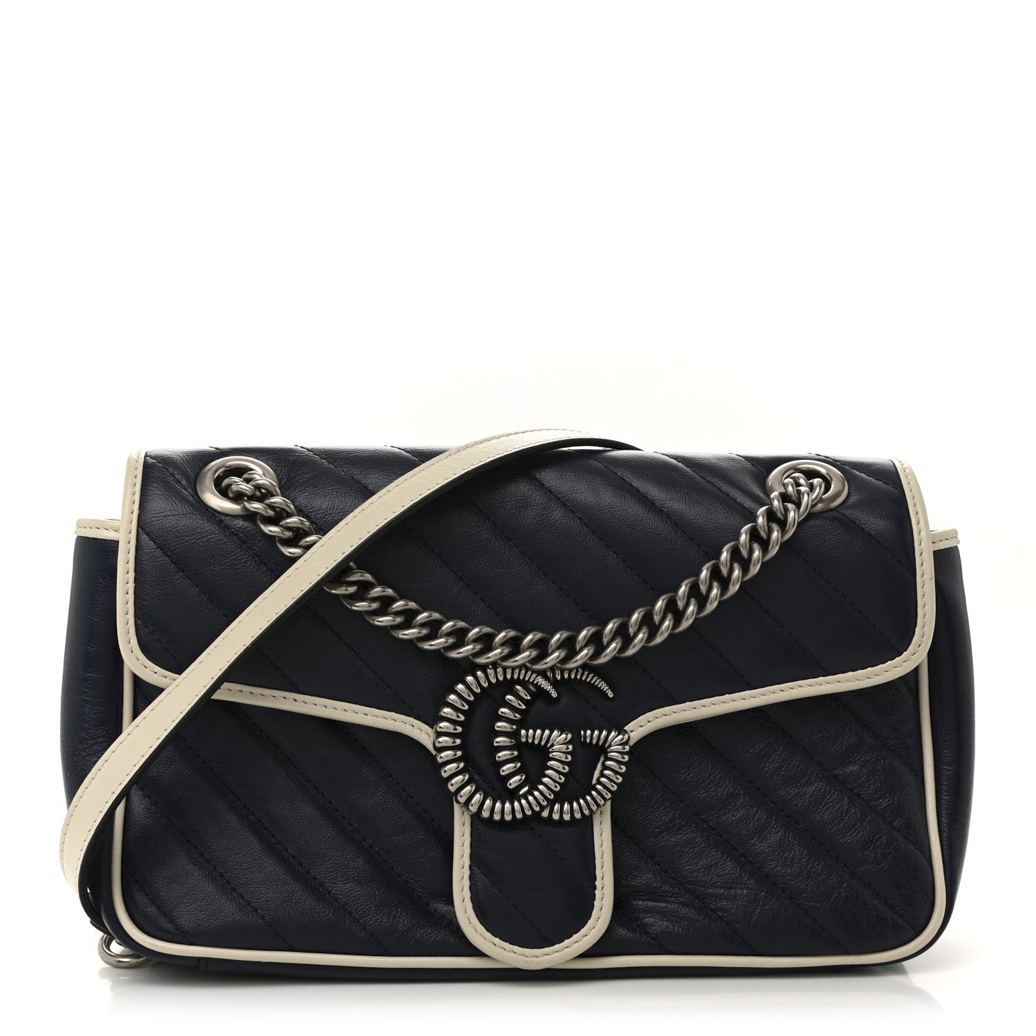 Gucci Vintage Effect Calfskin Matelasse Diagonal Small Torchon GG Marmont Shoulder Bag Blue Agata Mystic White 1 of 14