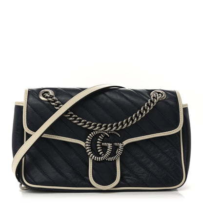 Gucci Vintage Effect Calfskin Matelasse Diagonal Small Torchon GG Marmont Shoulder Bag Blue Agata Mystic White 1 of 14