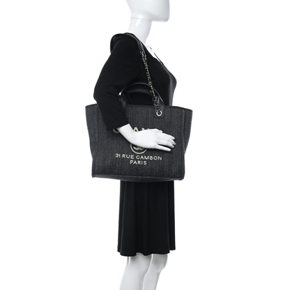 Chanel Denim Small Deauville Tote Dark Blue White 2 of 12