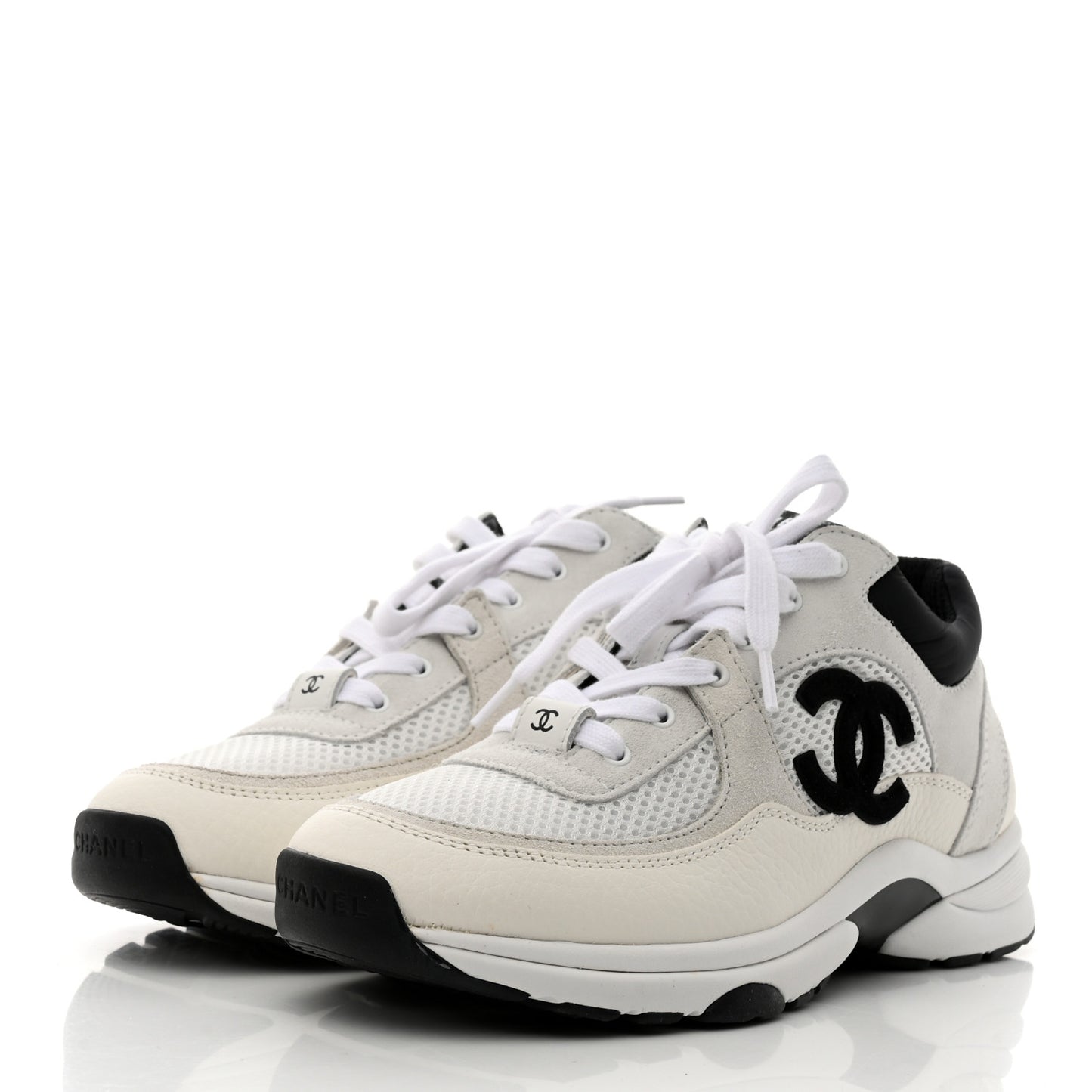 Mesh Suede Calfskin Grained Calfskin Womens CC Sneakers 37.5 White Black
