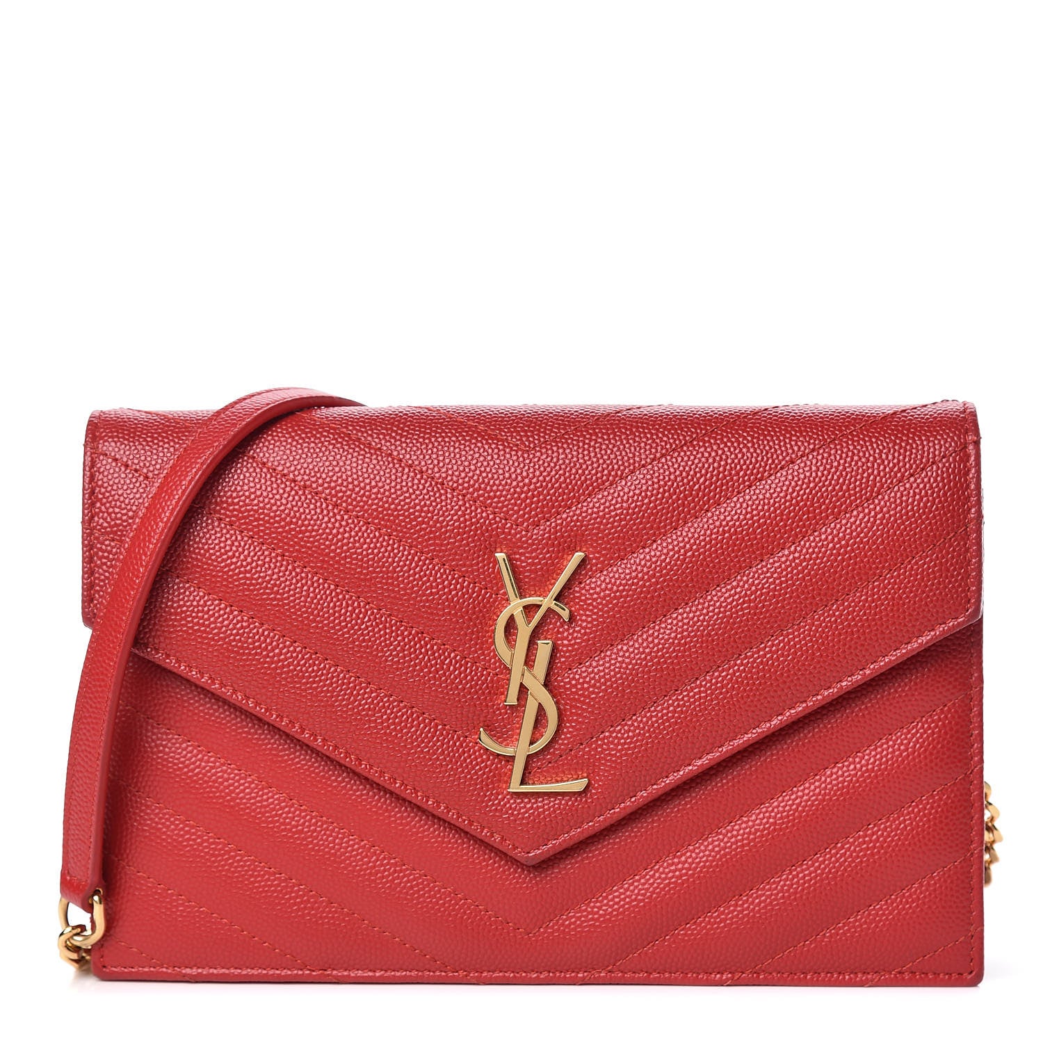 Saint Laurent Grain De Poudre Matelasse Chevron Monogram Envelope Chain Wallet New Red 1 of 12