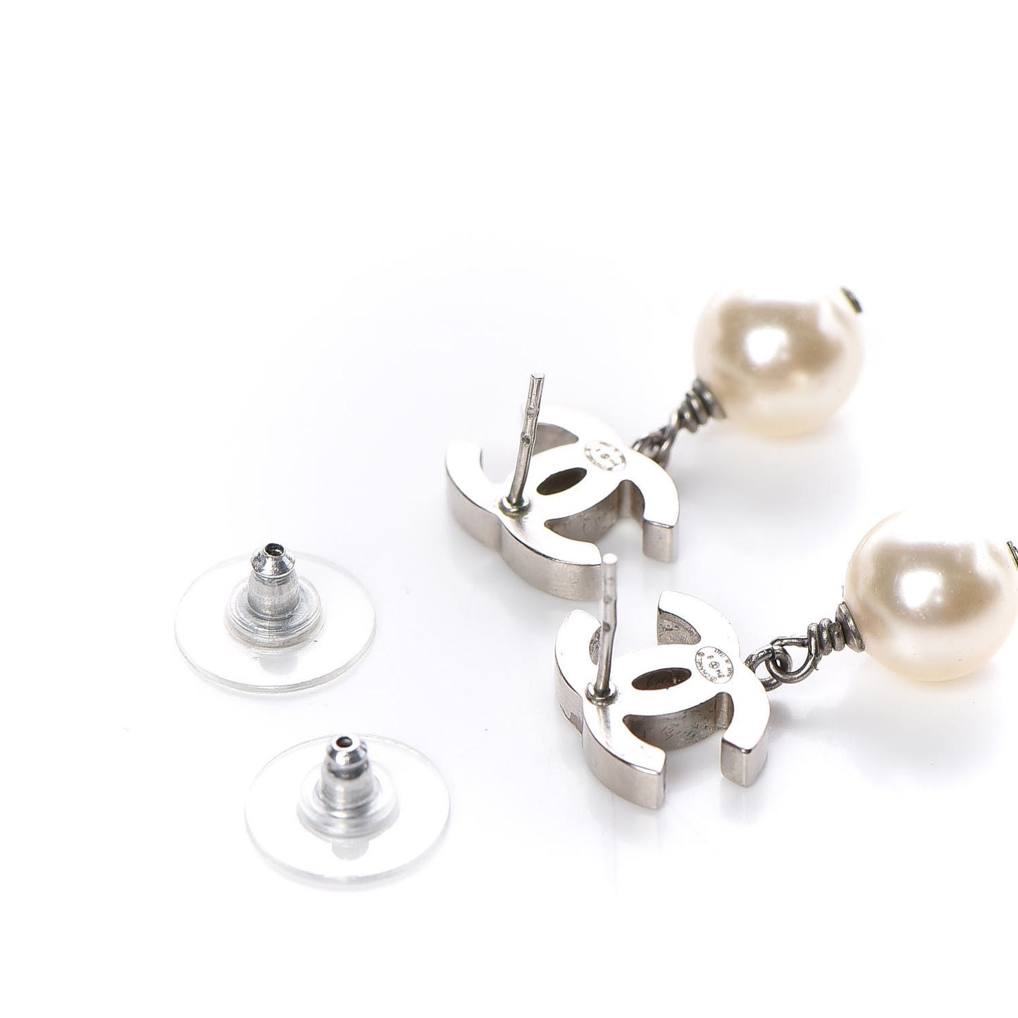 Crystal Pearl CC Drop Earrings Silver