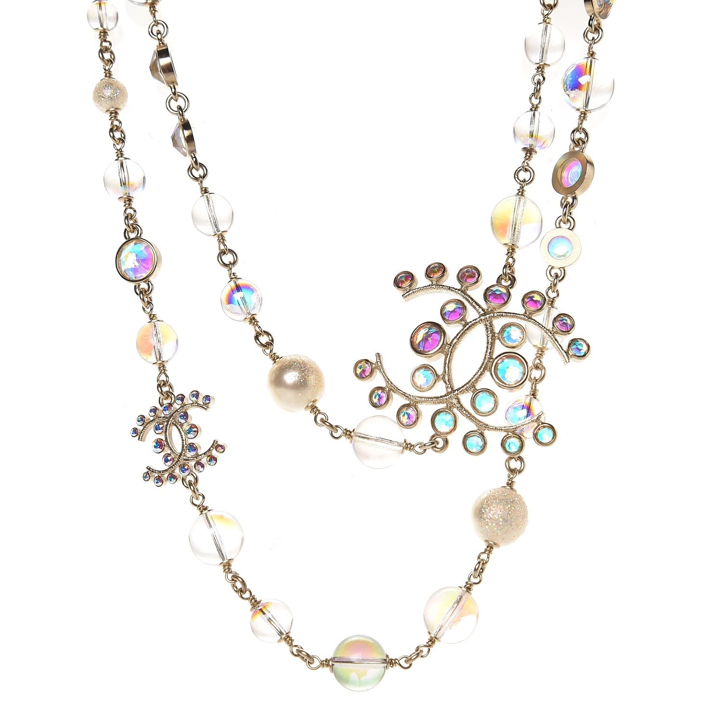 Iridescent Crystal Pearl CC Long Necklace Gold