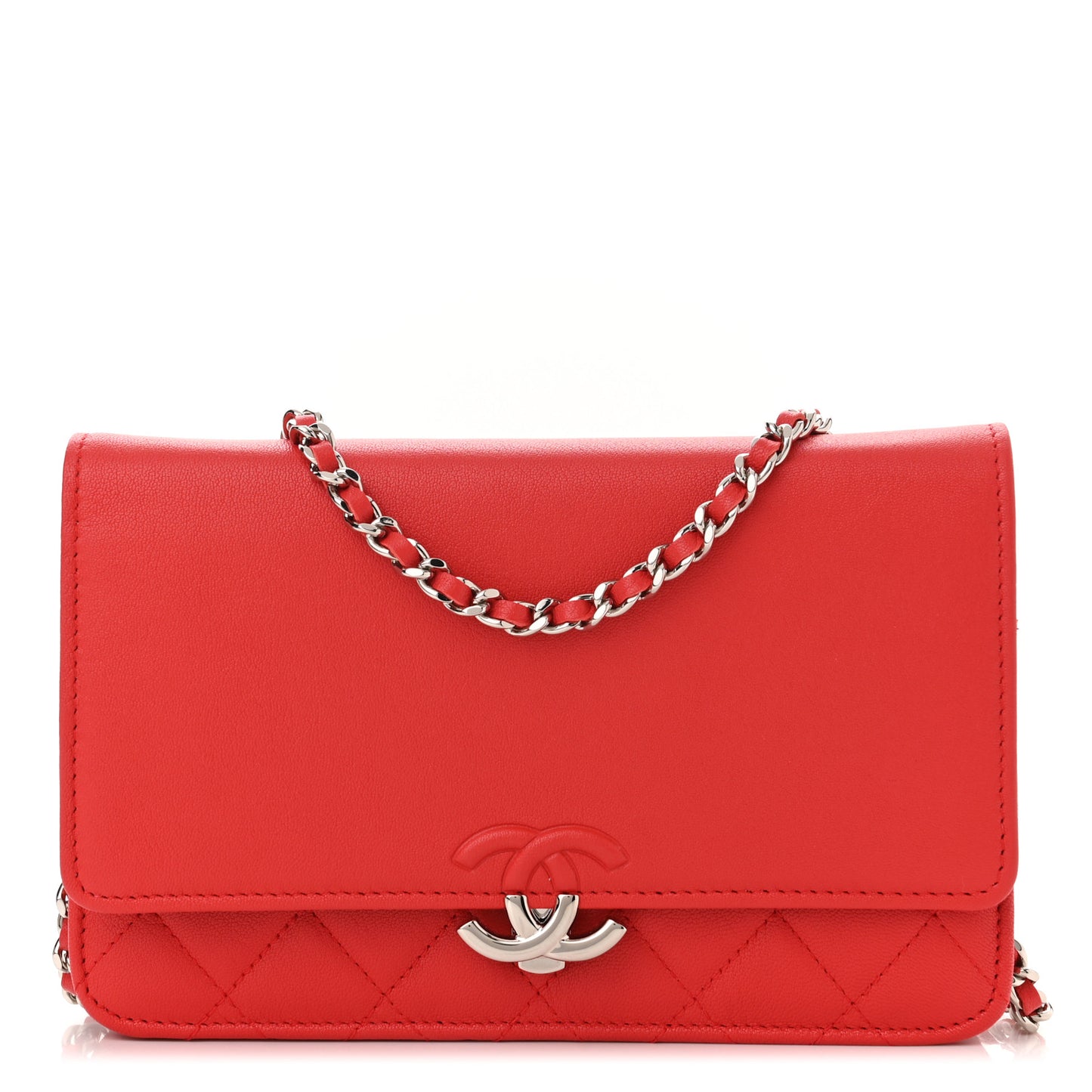 Grained Calfskin Quilted CC Box Wallet On Chain WOC Red