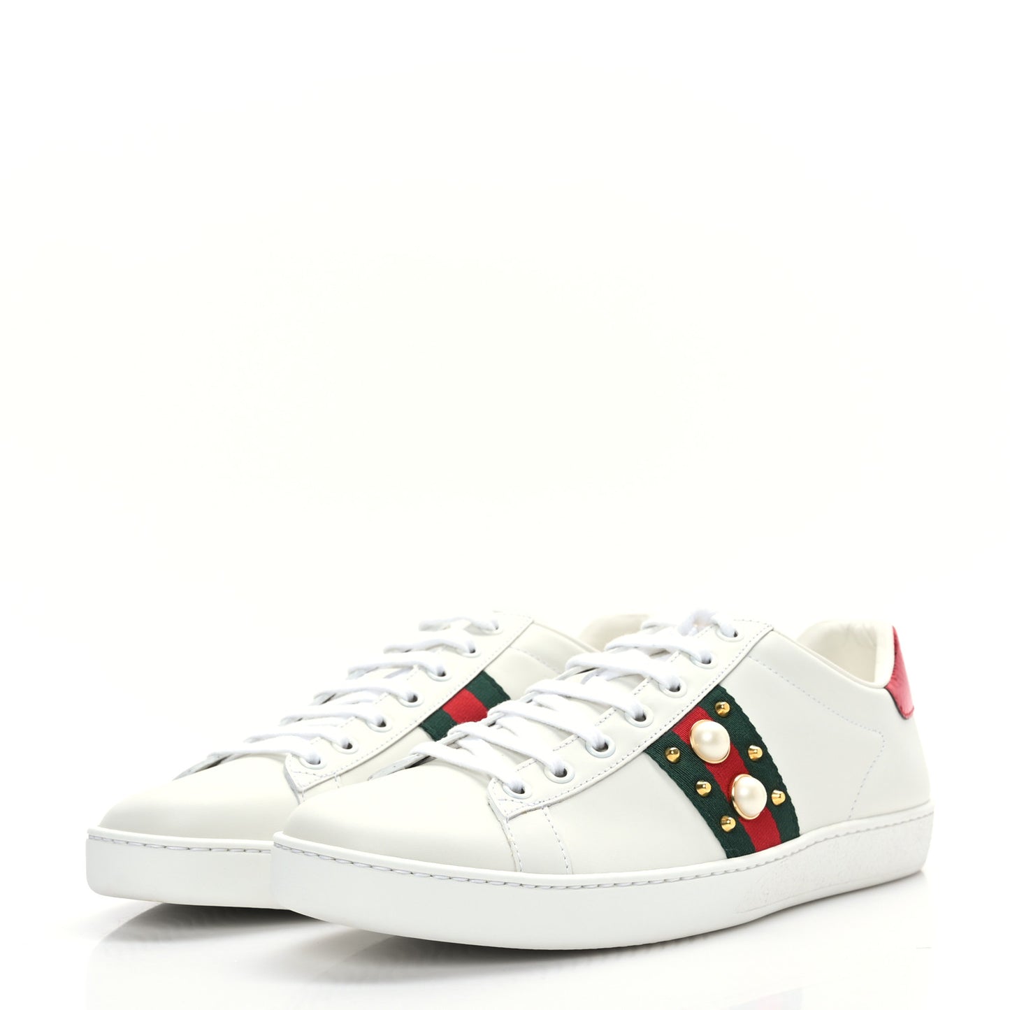 Calfskin Web Pearl Studded Womens Ace Sneakers 40 White