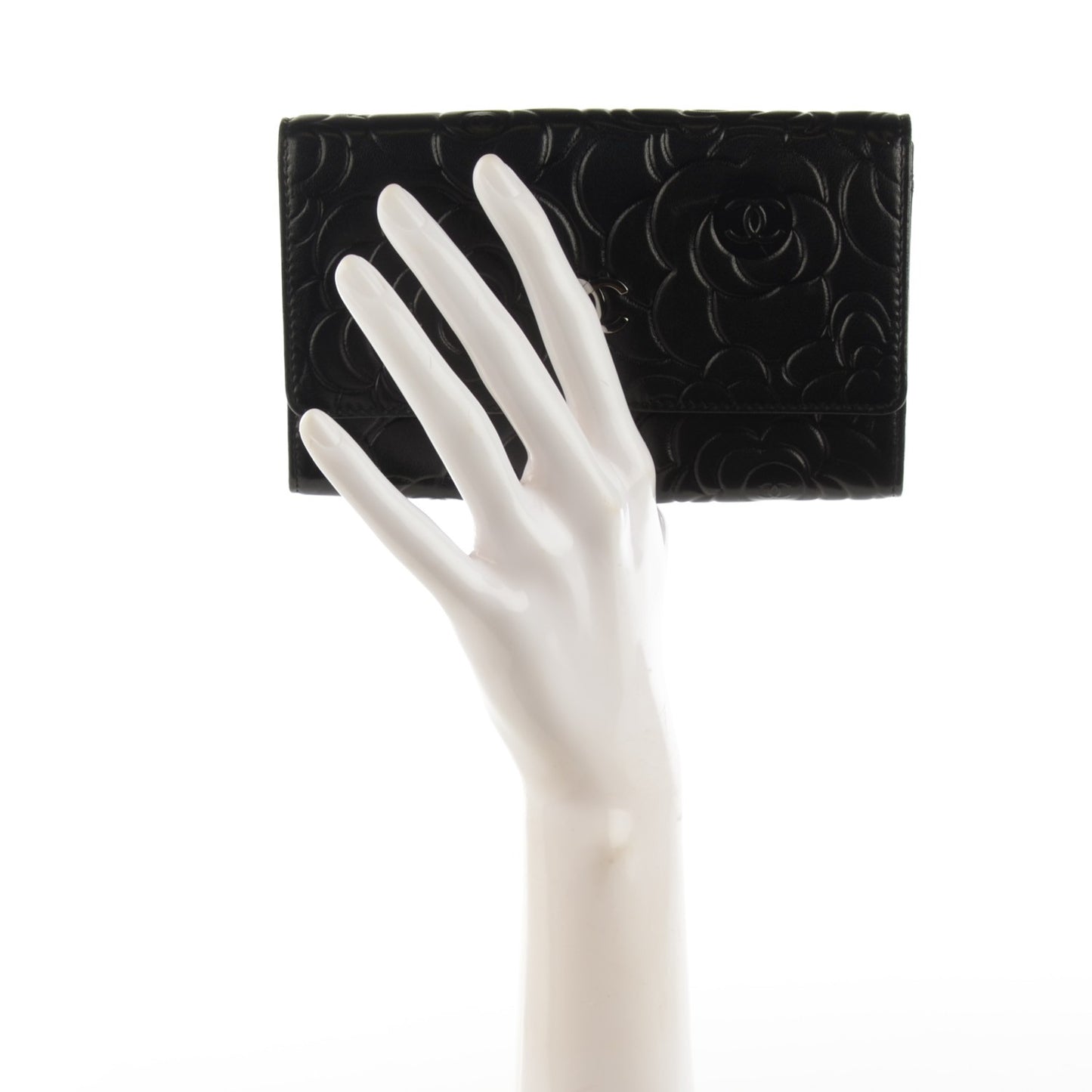 Lambskin Embossed Camellia Embossed Flap Wallet Black