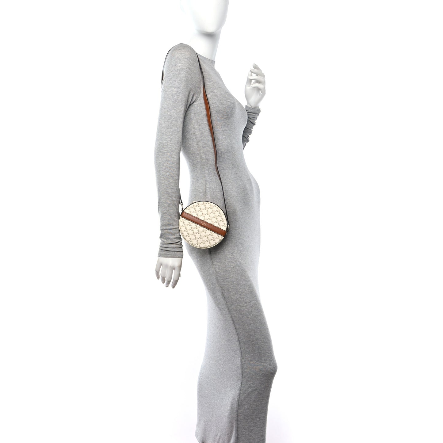 Lambskin Triomphe Canvas Round Purse On Strap White Tan