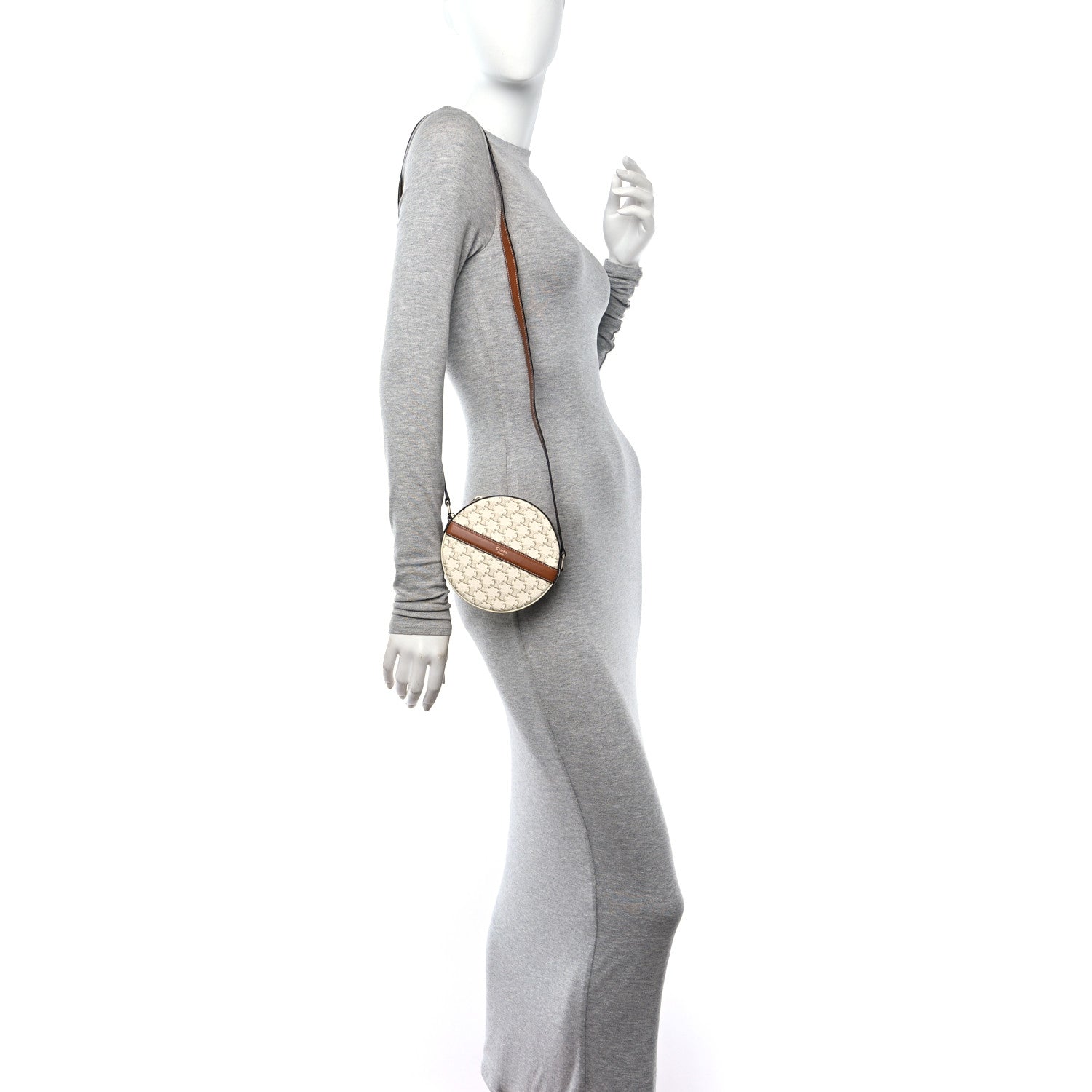 Celine Lambskin Triomphe Canvas Round Purse On Strap White Tan 3 of 11