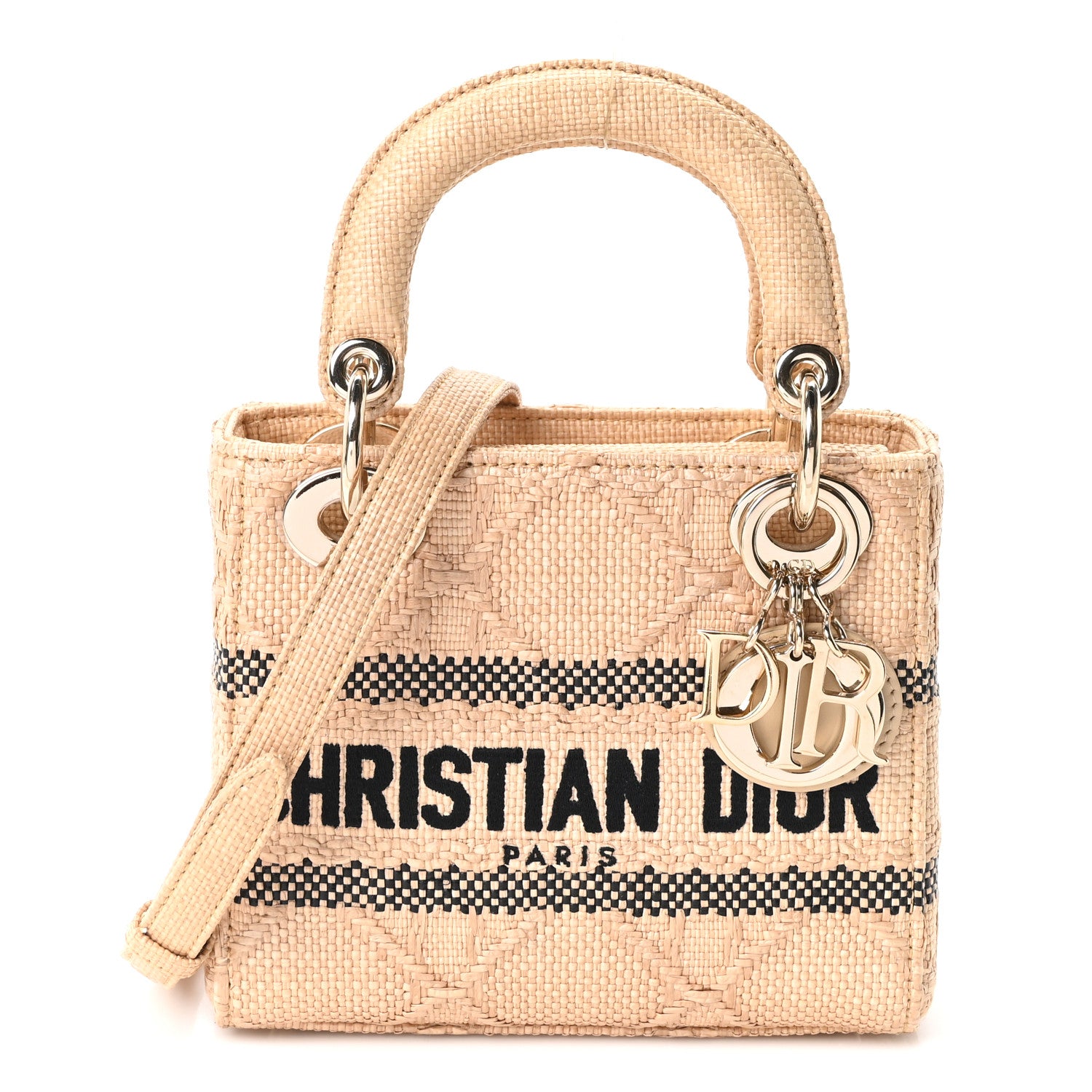 Christian Dior Raffia Woven Cannage Embroidered Mini Lady D-Lite Natural Black 1 of 10