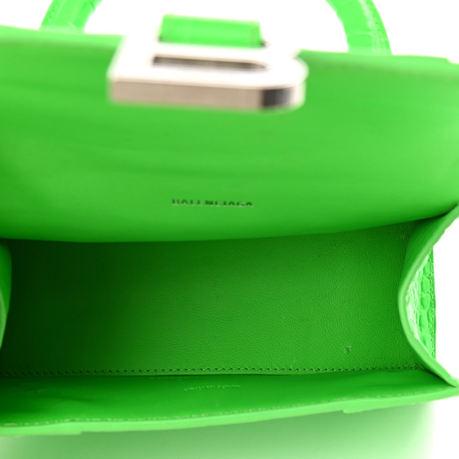 Balenciaga Shiny Calfskin Crocodile Embossed Hourglass Top Handle Bag XS Fluo Green 5 of 13