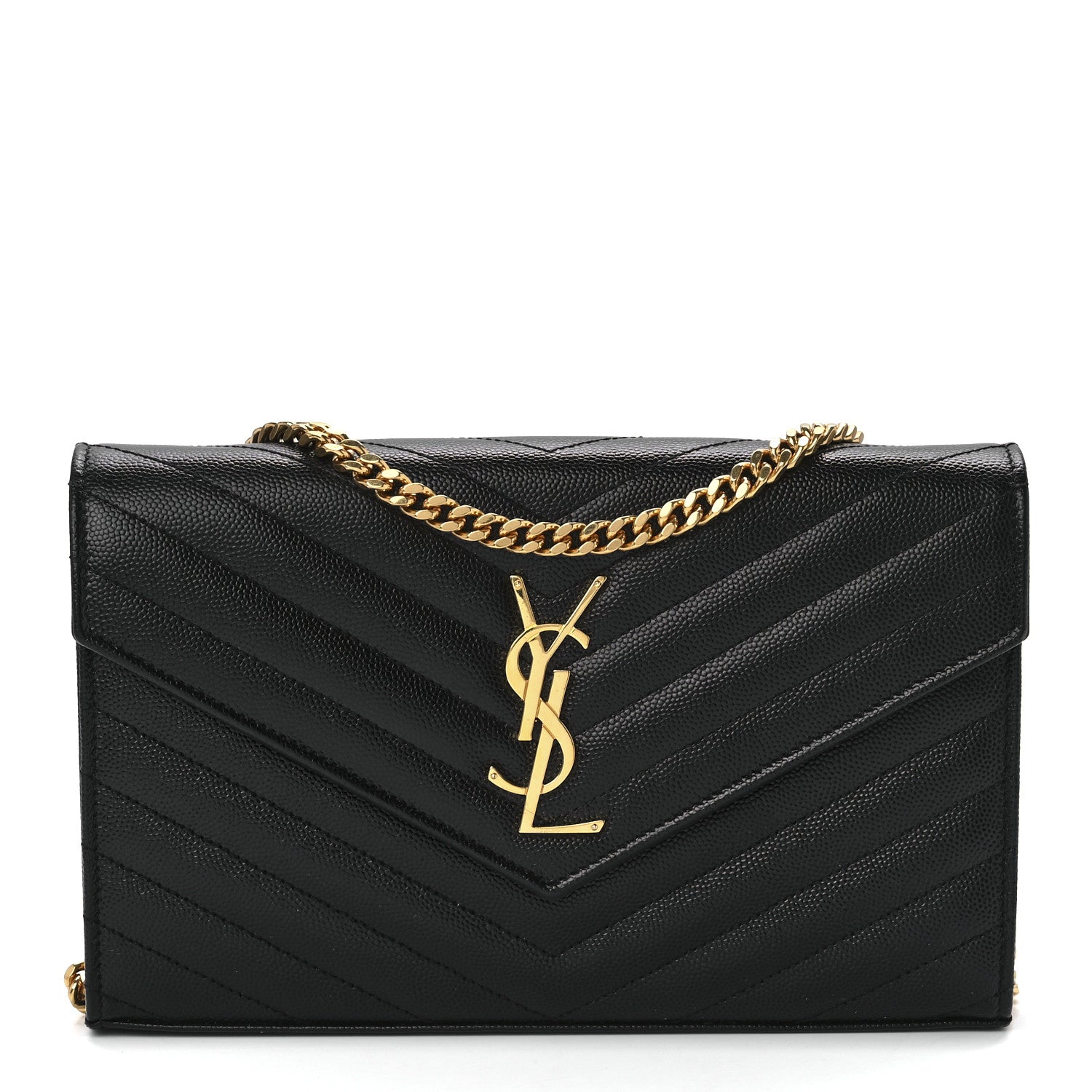 Saint Laurent Grain De Poudre Matelasse Chevron Monogram Chain Wallet Black 1 of 13