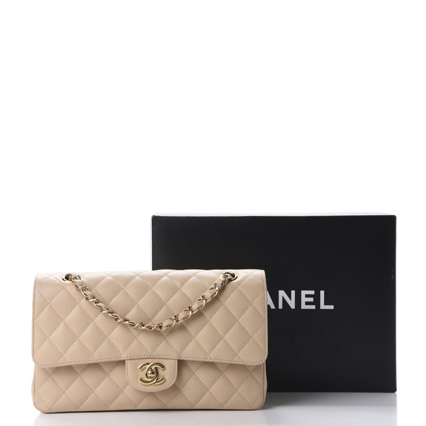 Caviar Quilted Medium Double Flap Beige Clair