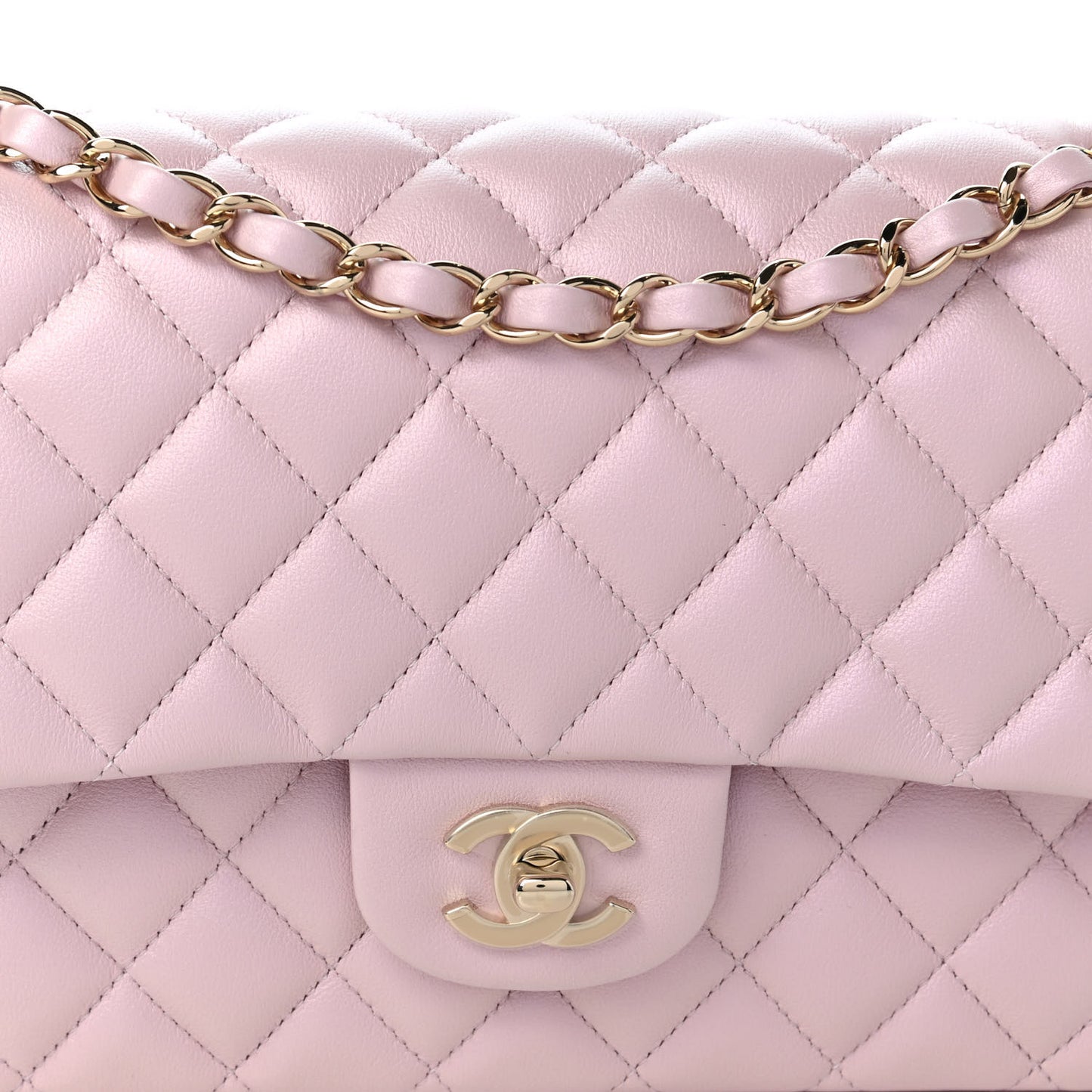 Iridescent Calfskin Quilted Medium Double Flap Light Pink