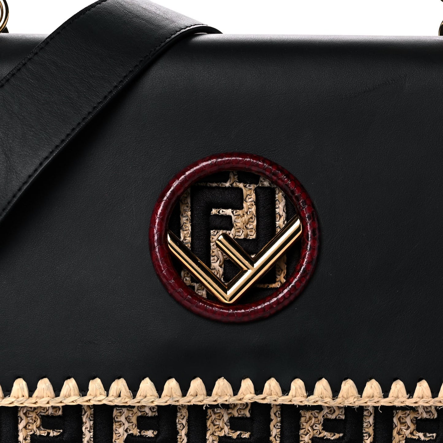 Vitello Century Raffia Snakeskin F is Fendi FF Woven Embroidered Kan I Shoulder Bag Black Natural