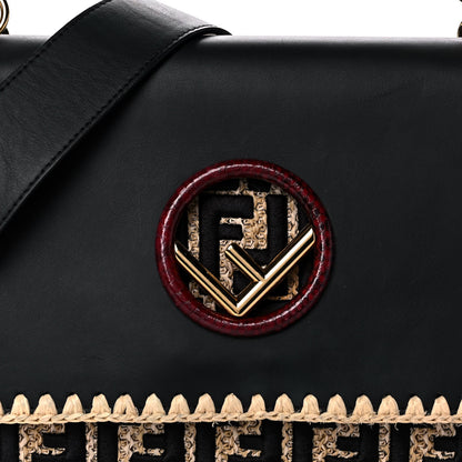 Fendi Vitello Century Raffia Snakeskin F is Fendi FF Woven Embroidered Kan I Shoulder Bag Black Natural 10 of 15